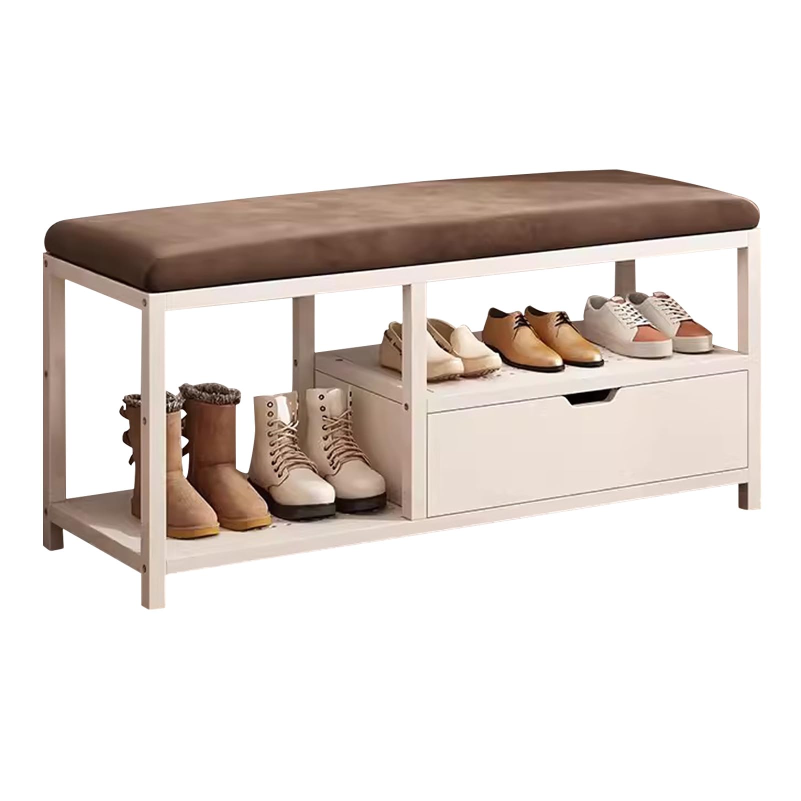 Banc à chaussures en velours avec rangement et cadre en métal pour entrée