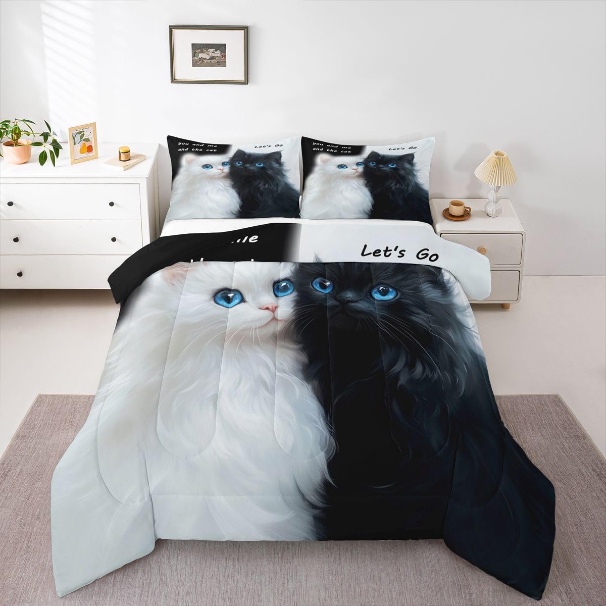 Homewish Nero Bianco Gatti Singolo Coverless Set Copripiumino Poliestere | Set di biancheria da letto con copripiumino e 1 federa per gli amanti degli animali domestici, con occhi azzurri