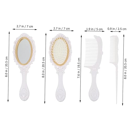 Miniatura 6 de Juego de peine de espejo de mano vintage de 5 piezas con mango de almacenamiento para espejo cosmético, cepillo de paleta desenredante, peine de