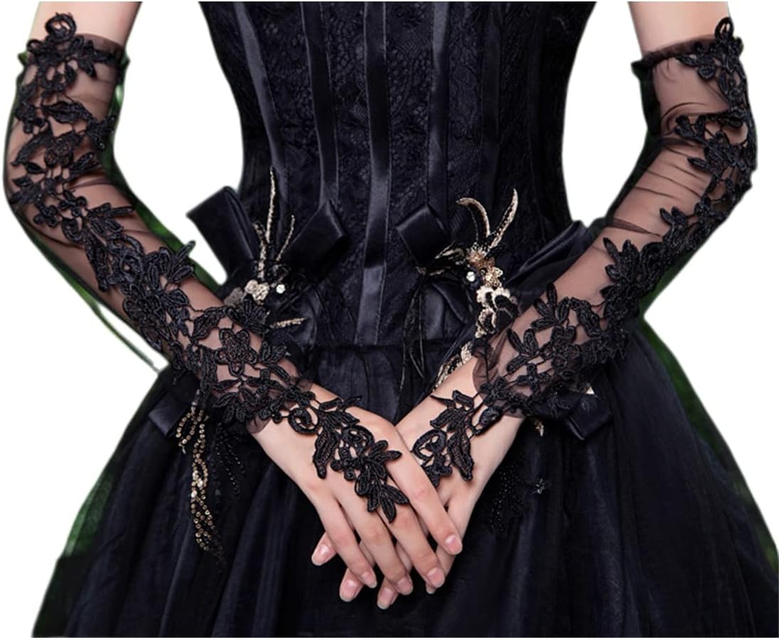 Women Floral Embroidery Fingerless Long Gloves Sheer Tulle Wedding Bridal Prom Lace Hook Finger Gloves