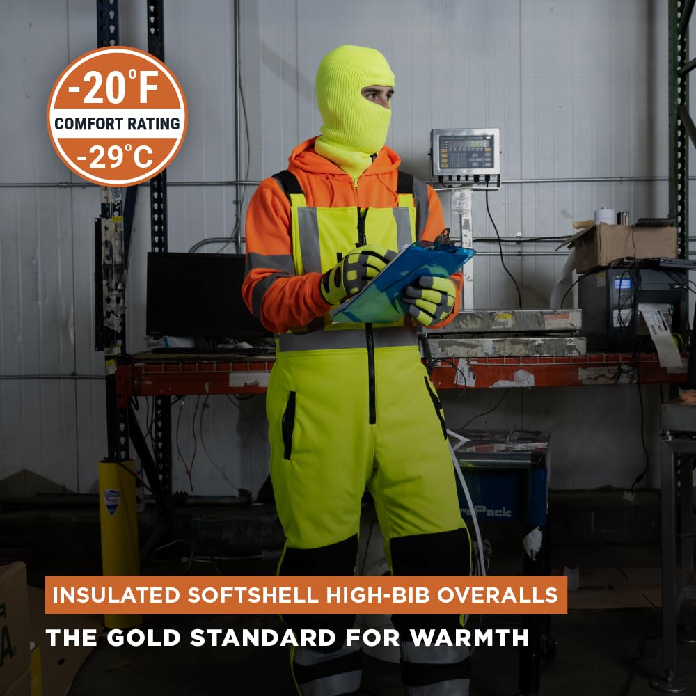 RefrigiWear Men’s HiVis Insulated Softshell High-Bib Overalls, -20°F (-29°C), (Large, Lime)
