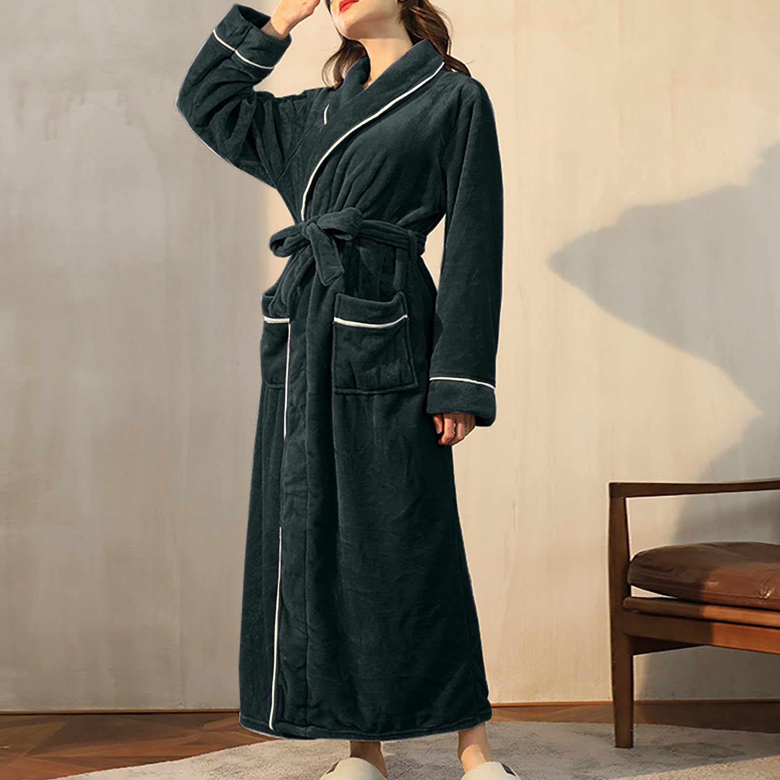Baby Dolls & Negligee da donna in flanella M-3XL, abito da notte spesso invernale | Accappatoio da donna, taglie lunghe, con cintura, scollo a V, tinta unita, caldo pigiama