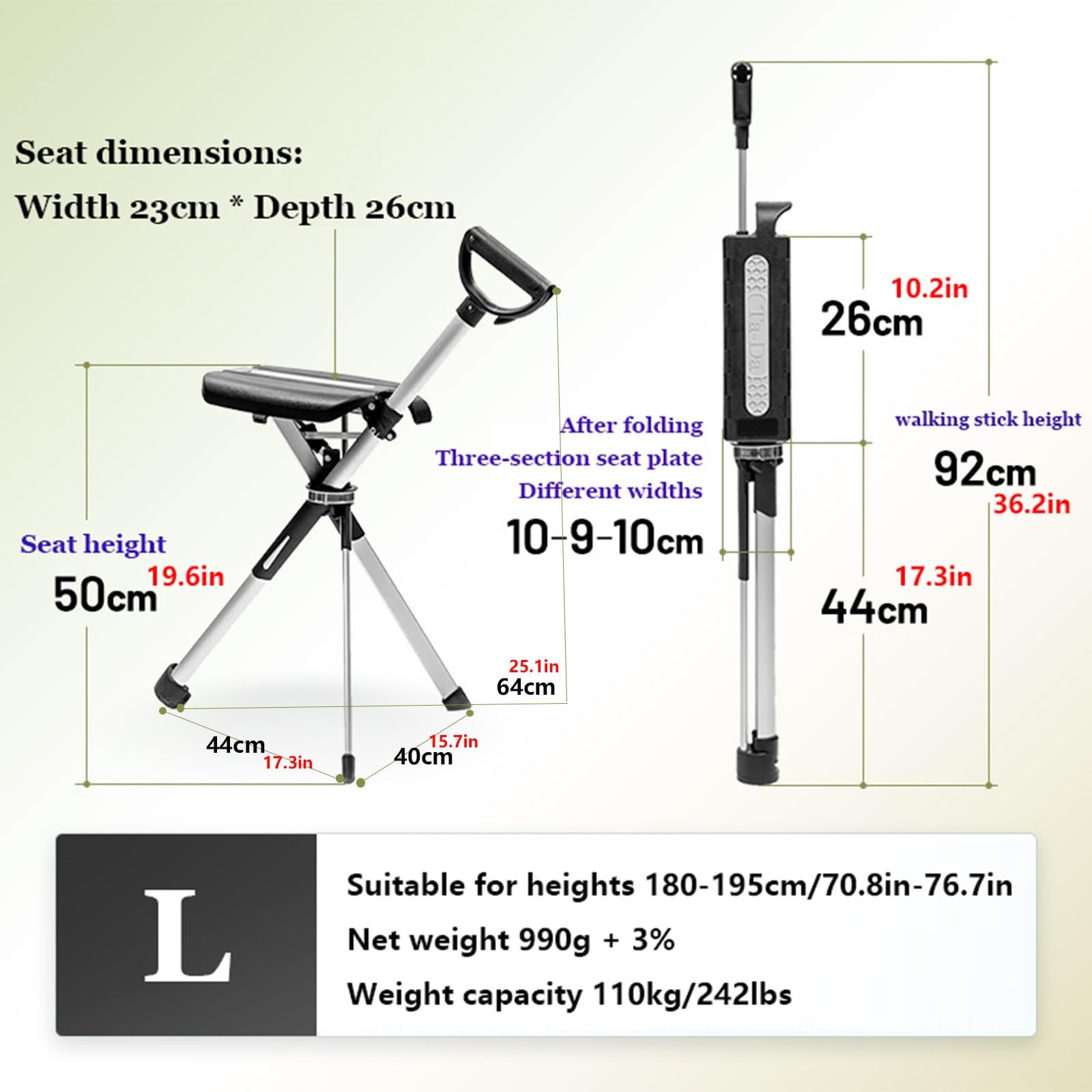 Bastón Plegable Ligero De 3 Patas Con Base De Goma Antideslizante Para Viajes Y Senderismo,Con Capacidad De 110 Kg Black,L
