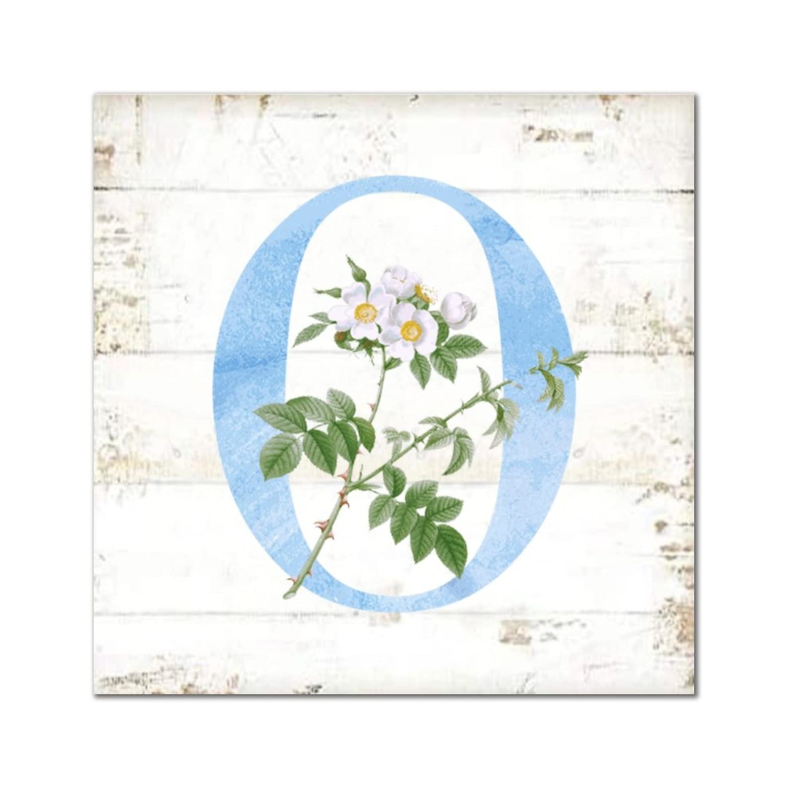 Panneau en bois monogramme O fleur de lys aquarelle bleue 40cm