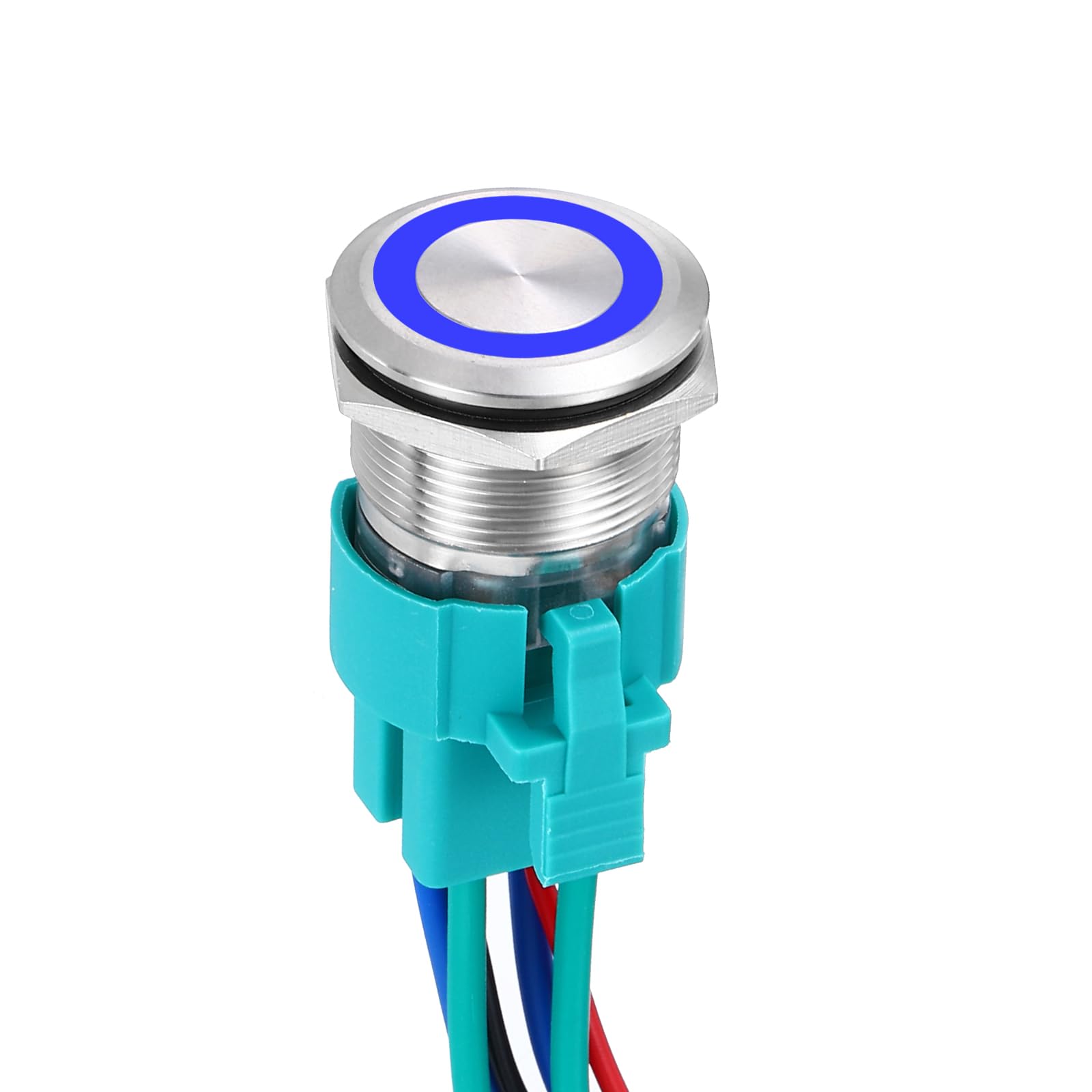 DMiotech 7/8 Inch Stainless Steel Momentary Push Button Switch Flat Head 15A 12-24V Silver Shell 6 Pin with Cable Socket Blue Ring LED 2NO for Car Boat Systems Custom Setups