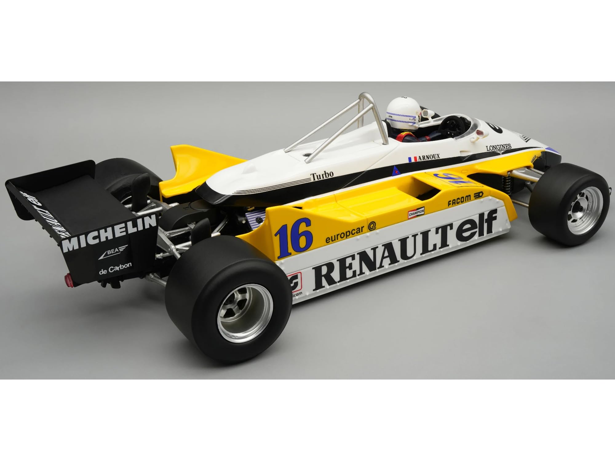 TECNOMODEL RE30B #16 Rene Arnoux Winner F1 French GP (1982) "Seria Mythos z figurką kierowcy i gablotą, edycja limitowana do 55 sztuk na całym świecie model samochodu 1/18 TMD18-399D