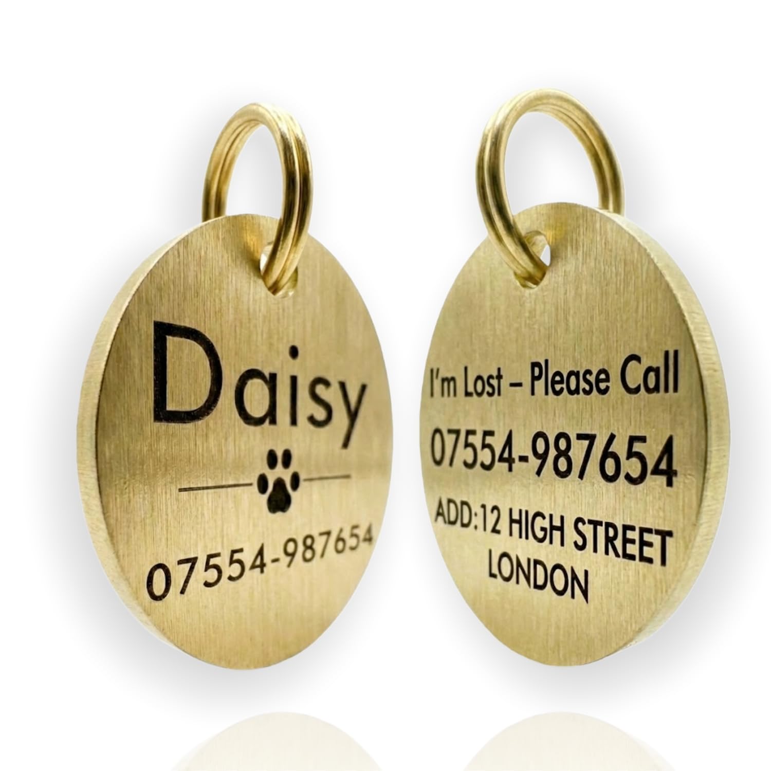 Personalised Pet ID Tag Premium Dog & Cat Name Tag Deep Engraved Brushed German Brass & Classic Brass Pet ID Tag UK Shipped Durable Pet Collar Accessory 4size 20mm 25mm 30mm 35mm
