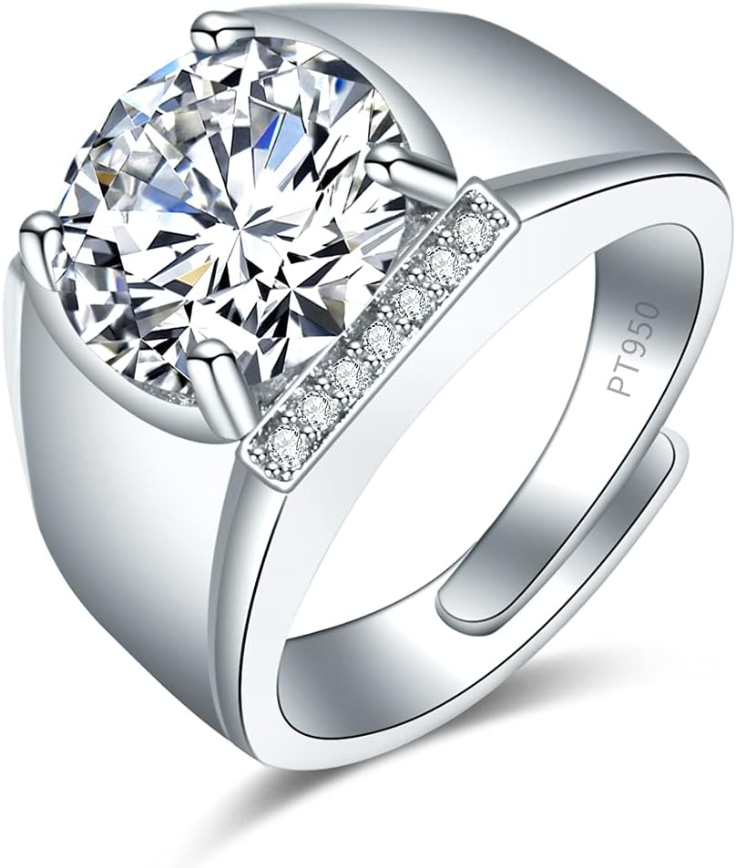 Shiny Full Diamond Ring 5Carat Round Cut Cubic Zirconia Promise Ring Wedding Ring for Men Silver Ring CZ Cocktail Ring Eternity 950 Platinum Simulate Moissanite Ring Adjustable Ring 065