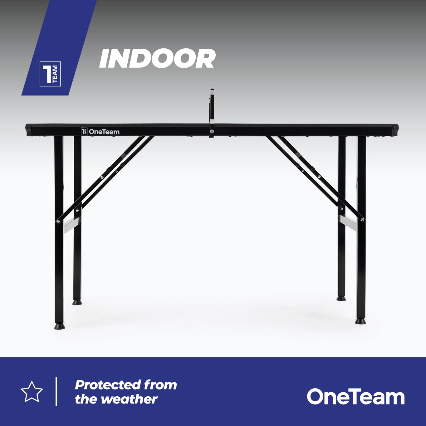 OneTeam Mesa de Ping Pong para Juegos de Interior con Rejilla y Placas Plegables con 2 Compartimentos para Bolas y palés, Ruedas de Transporte con función de Bloqueo