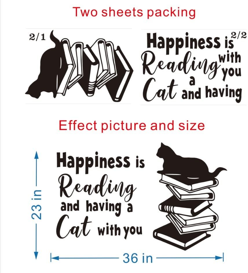 Miniatura 8 de UILMNIY Adhesivo de vinilo para pared, diseño de libros de lectura DIY, sala de estudio, cita artística, la felicidad es leer y tener un gato