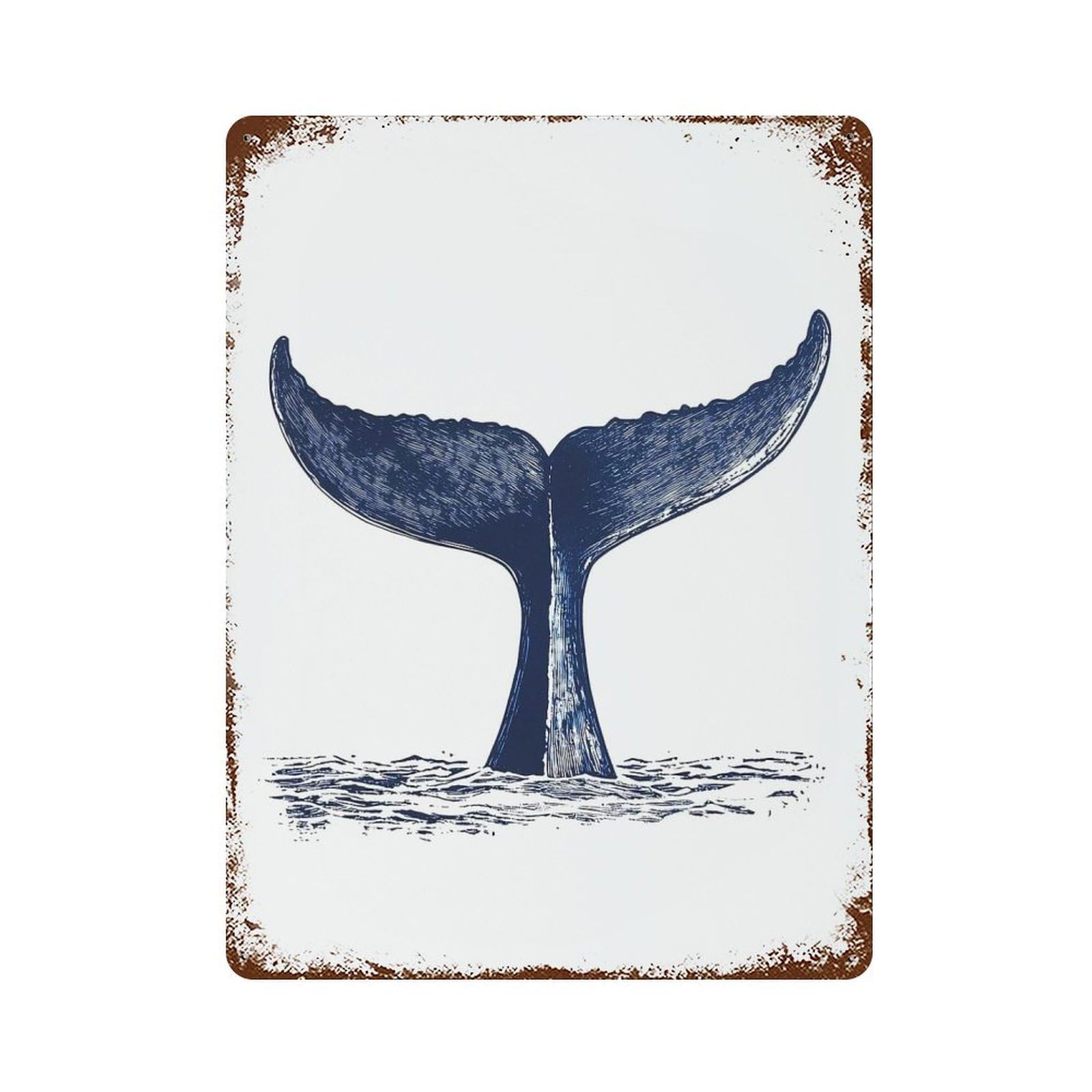 Whale Tail Illustration Rust Effect Tin Sign 15.7"x11.8", Decorative Metal Wall Art for Patio, Garden Room And Bar Decor