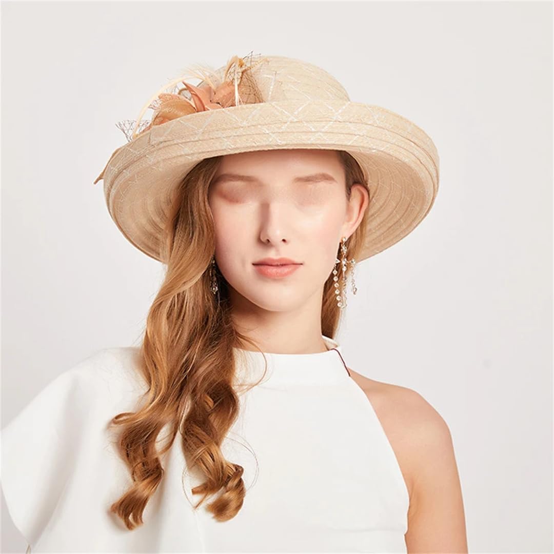 Yeuyyben Cappello da donna estivo elegante cappello da sole con fiore Fedora cappello da festa matrimonio chiesa cappelli cloche cappello a tesa larga spiaggia Cap
