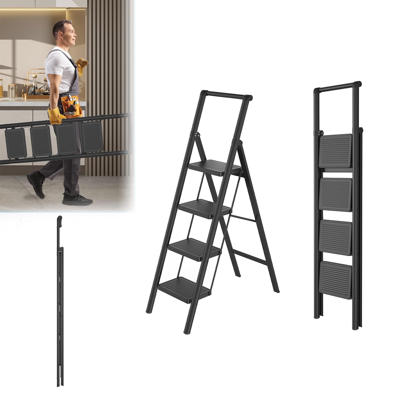 Lars360 Scala pieghevole a 4 gradini con corrimano, antiscivolo, portatile e stabile, per casa e ufficio, con portata fino a 250 kg, nero