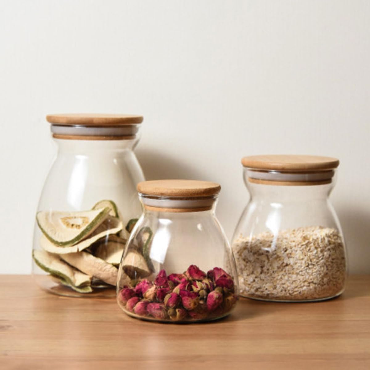2 Stück Glas Vorratsgläser mit Holzdeckel und Silikonring 1000ml Luftdicht Borosilikatglas Behälter für Tee und Getreide für Schreibtisch