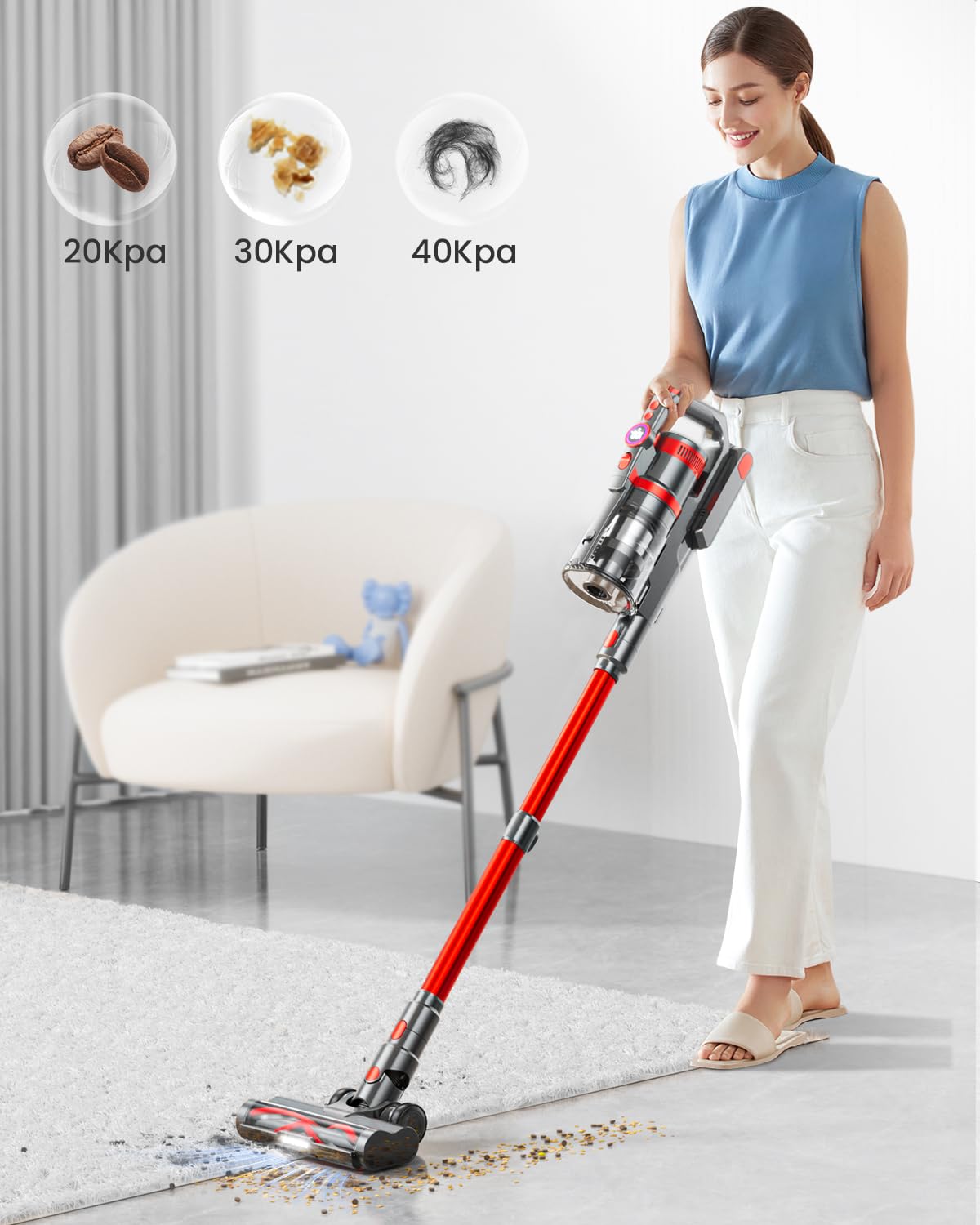 Aspirapolvere Senza Fili 40KPa/500W/60 Minuti, Scopa Elettrica Senza Fili con Funzioni 8 in 1, Filtraggio a Ciclone a 7 stadi, Aspirapolvere da con Display LED, Adatto per Pavimento/Moquette/Capelli