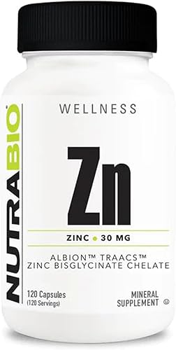 NutraBio Suplemento mineral de quelato de zinc, para un crecimiento adecuado, desarrollo y salud inmunológica, 30 mg de zinc por cápsulas