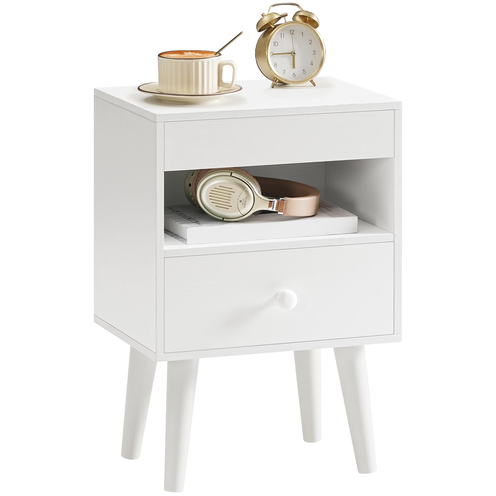 HOOBRO Comodino con Vassoio Estraibile, Cassetto in Tessuto, Tavolino da Caffè per Soggiorno e Camera da Letto, Bianco EWT191BZ01