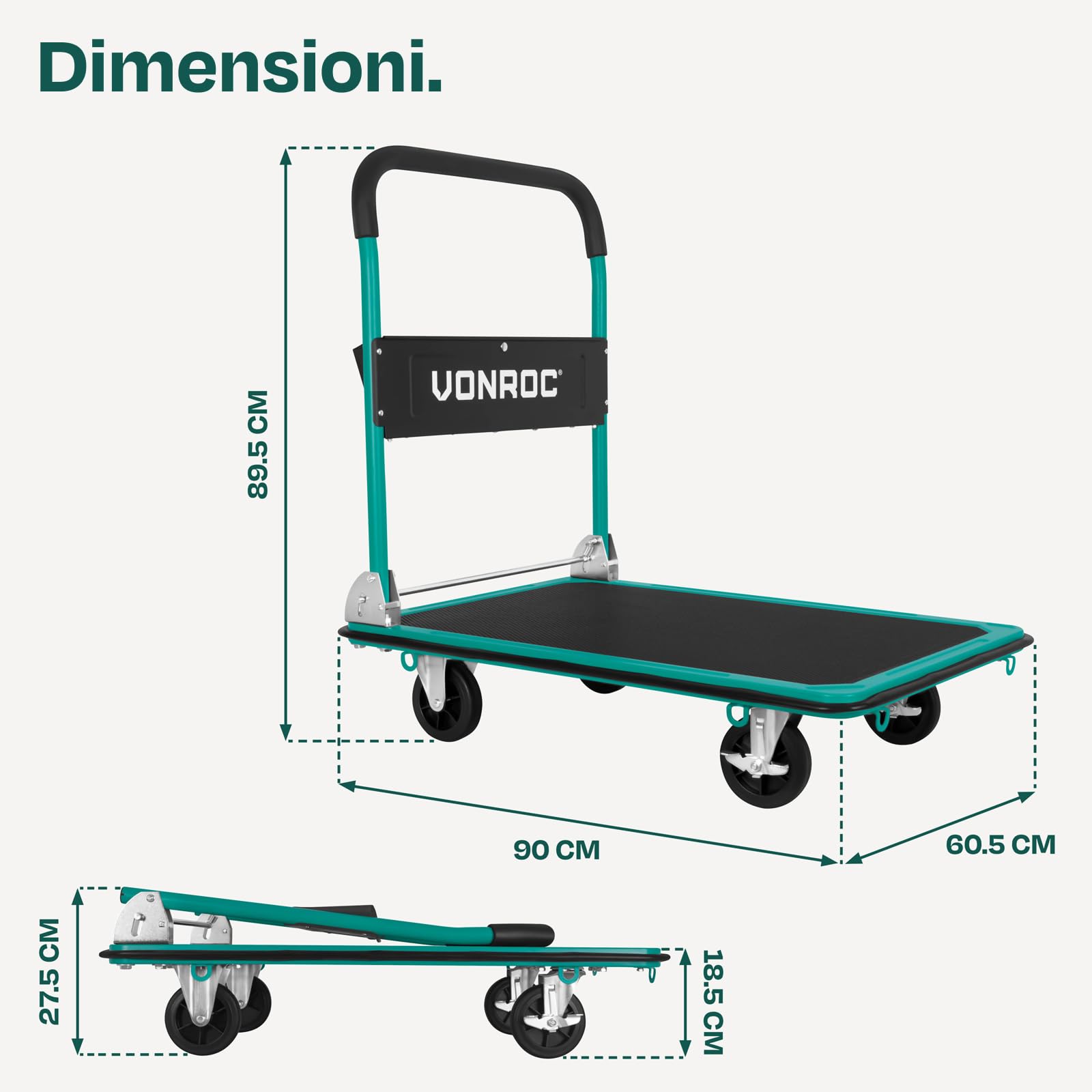 Carrello a Piattaforma Pieghevole 300 kg – Carrello da Trasporto in Acciaio con Ruote e Freni, Piano 90x60 cm – Ideale per Magazzino, Officina, Garage e Traslochi