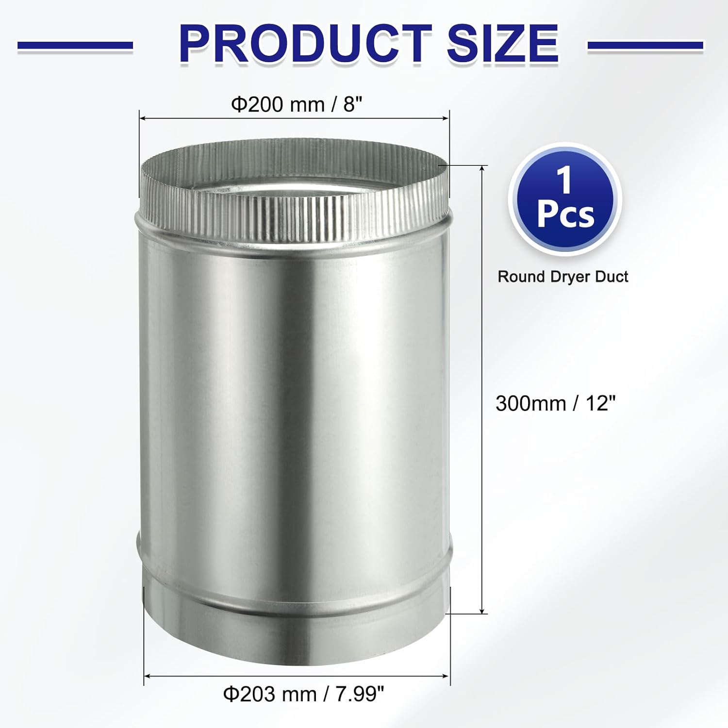 PATIKIL 8 x 12 Inch Round Dryer Duct, 1PCS Galvanized Steel Crimped Straight Air Vent Duct Extension Coupler Pipe Adapter Connector for HVAC Dryer Hood Ventilation Chimney, Silver