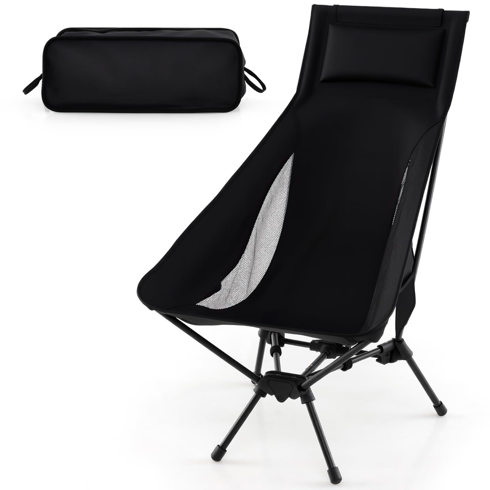 TANGZON Ultra Folding Camping Chair, Lightweight Backpacking Chair with Double-triangular Base, Side Pocket, Pillow & Carry Bag, Compact Foldable Fishing Seat (High Back, Black,83 x 60 x 99 cm)