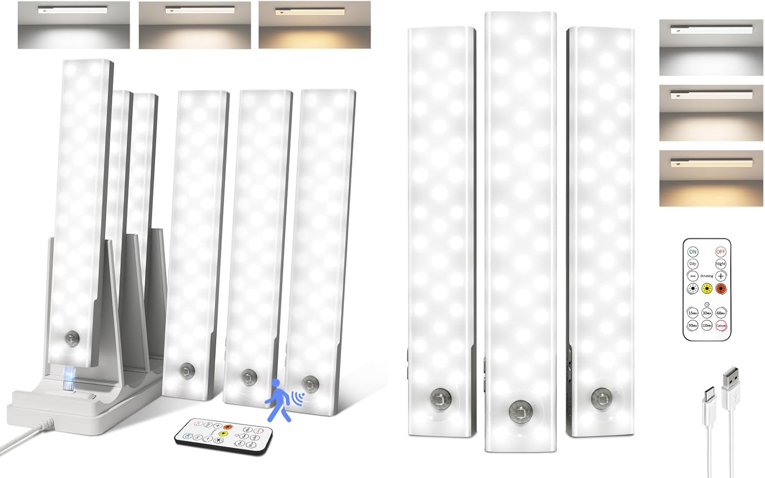 EZVALO 9-Pack Under Cabinet Lighting with Charging Station, Rechargeable Motion Sensor Lights, 3 Color Temps, Dimmable 62 LED Wireless Motion Activated Cabinet Lights with Remote for Kitchen,Pantry