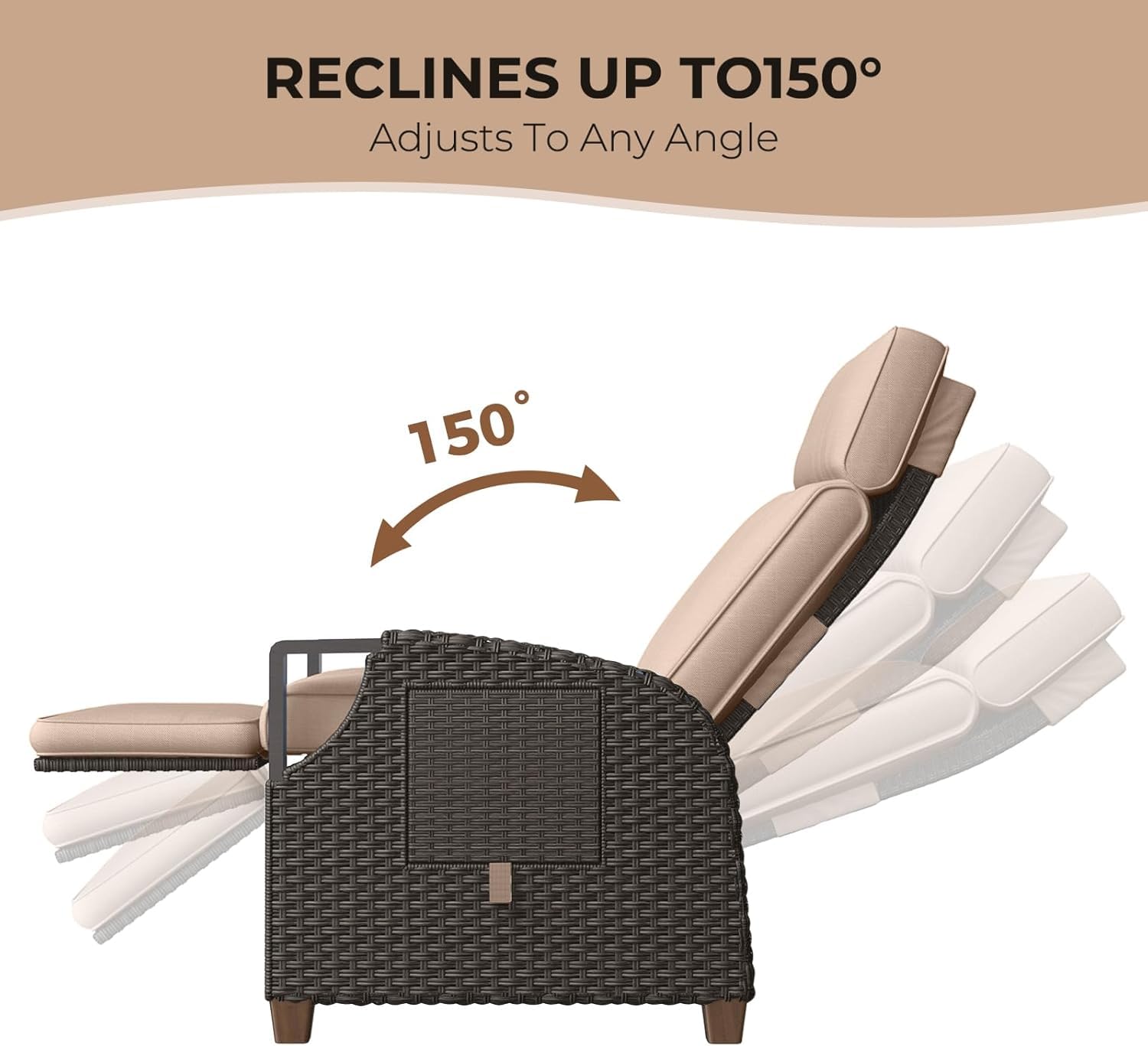 Grand patio Relaxliege Liegesessel mit Sitzkissen Armlehnensessel Verstellbare Rückenlehne Rattan Sonnenliege für Innen, Außeneinsatz, Khaki Sitzkissen & Dunkelbraun