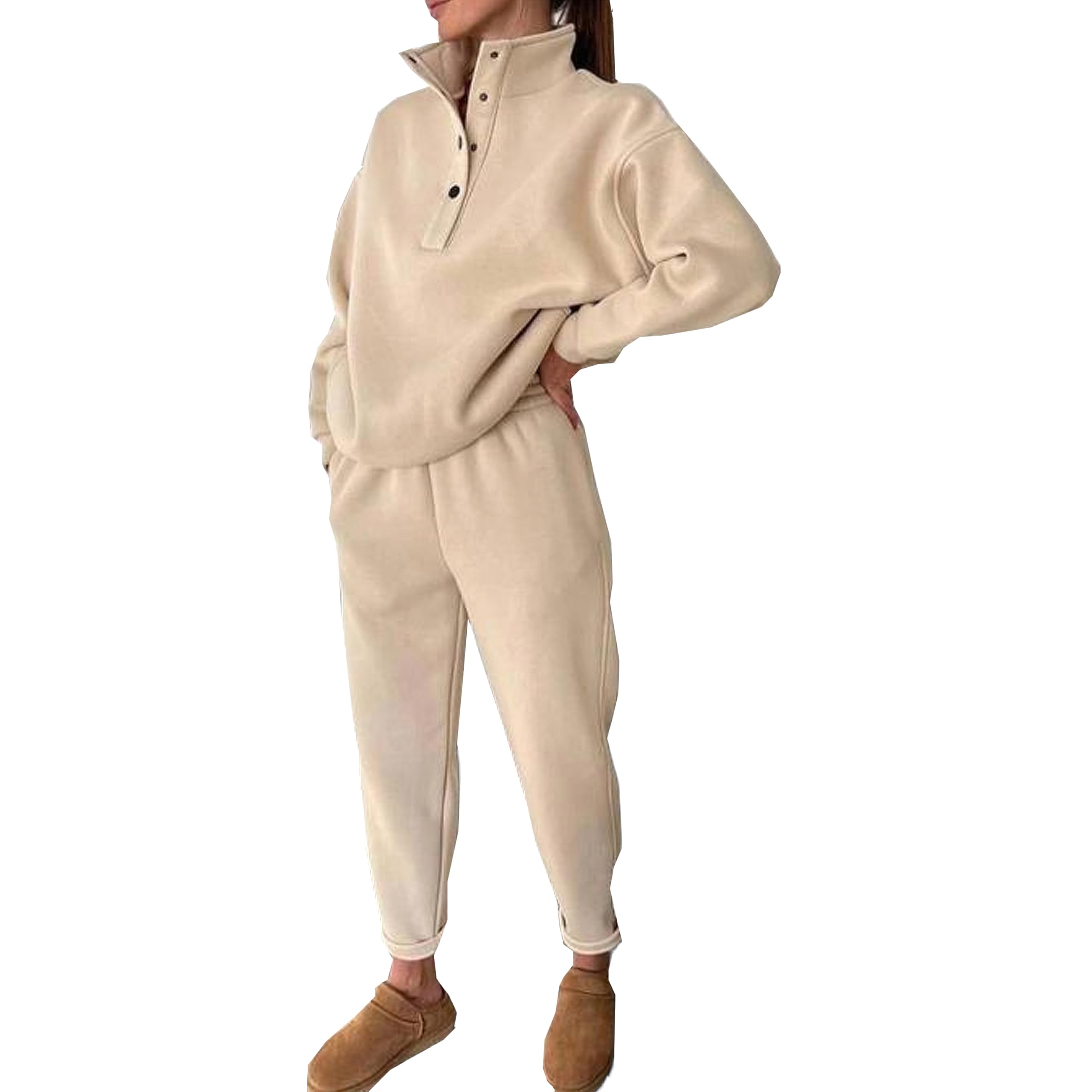 HBERSweatsuit for Women 2 Piece Set Oversized Button Collar Pullover Sweatshirts Sweatpants Jogger Set Lounge Tracksuit