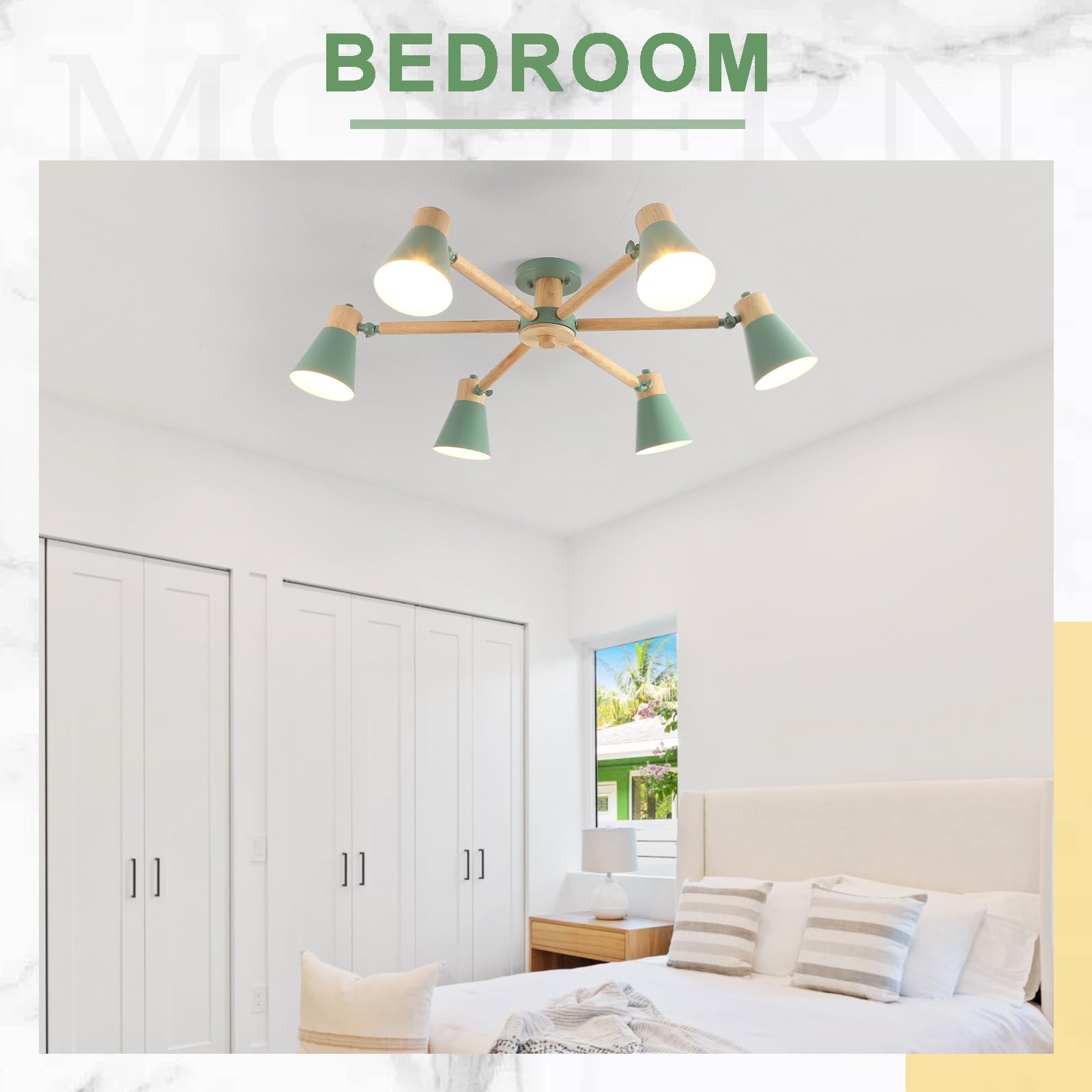 Verde Lampadario Camera Da Letto 6 Luci,Legno E Ferro Lampadario Soggiorno A Bracci Luminosi Regolabili lampadari E27 Ø82Cm Moderno Lampadario Cucina Per Letto Casa Camera Salotto
