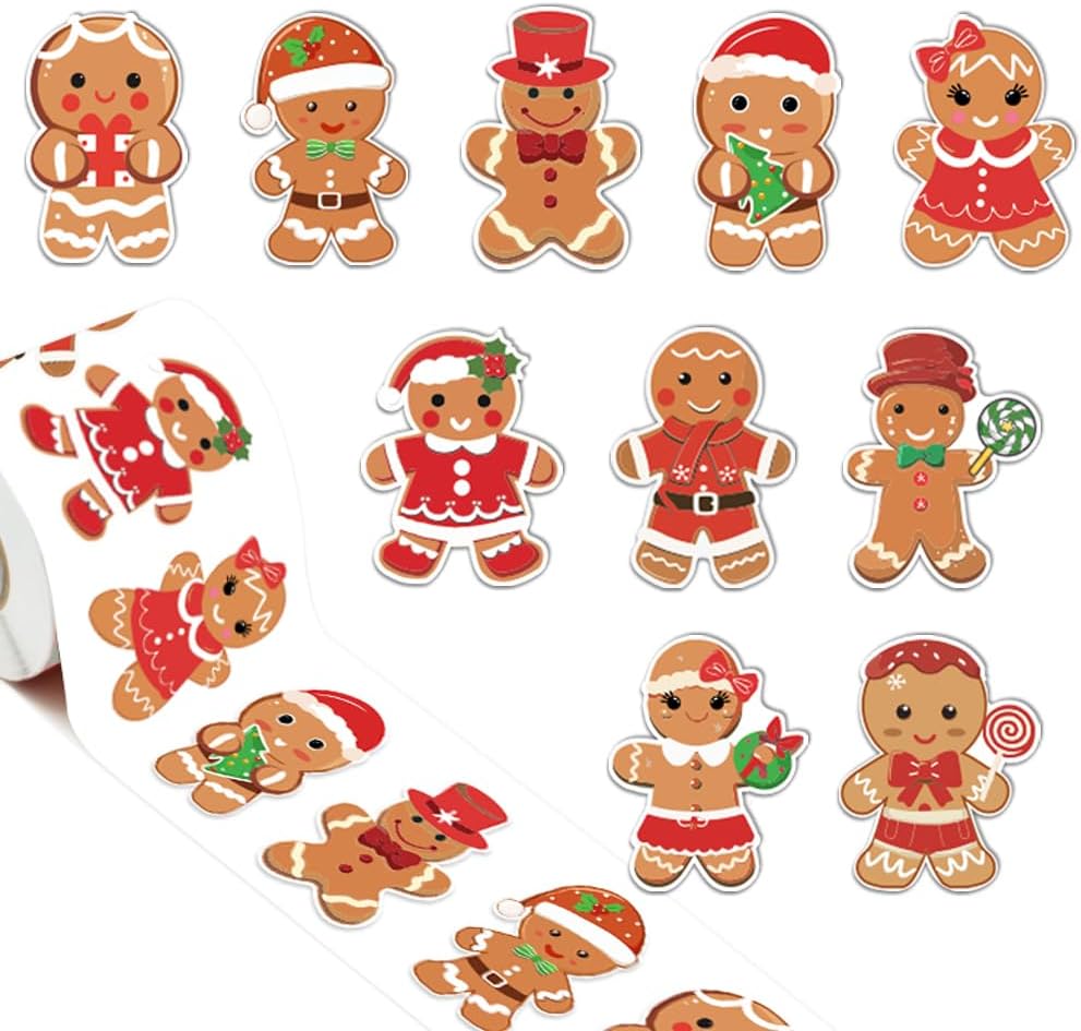 1000Pcs Christmas Stickers Roll Gingerbread Man Decals 10 Designs Funny Cartoon Xmas Adhesive Decorative Seal Stickers for Gift Greeting Card Party Supplies