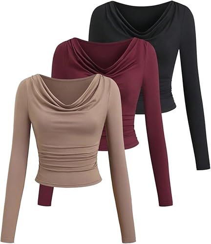 RoseSeek Women's 3 Piece Cowl Neck Slim Fit Tops Long Sleeve Casual T Shirts Ele