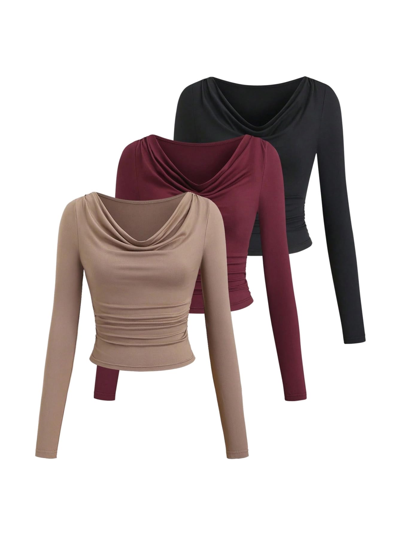 Women's 3 Piece Cowl Neck Slim Fit Tops Long Sleeve Casual T Shirts Elegant Fall Tops