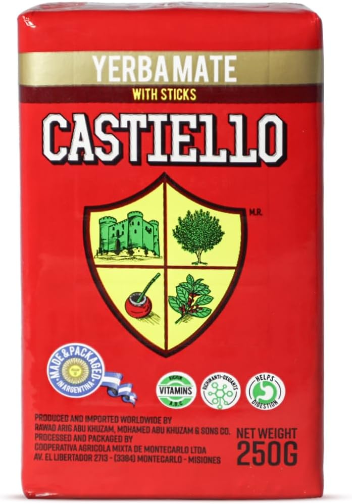 Castiello Yerba Mate 250g With Sticks Made in Argentina – Organic Energy-Boosting Tea, Antioxidant-Rich Hot and Cold Drink, Supports Digestion and Weight Management