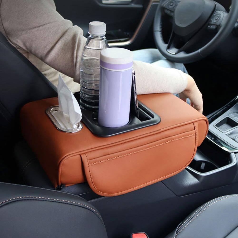 Coussin d'accoudoir de voiture, housse de console centrale 5 en 1 avec 2 sacs de rangement porte-gobelet, fente pour boîte à mouchoirs, fente pour téléphone pour berlines de voiture, accessoires