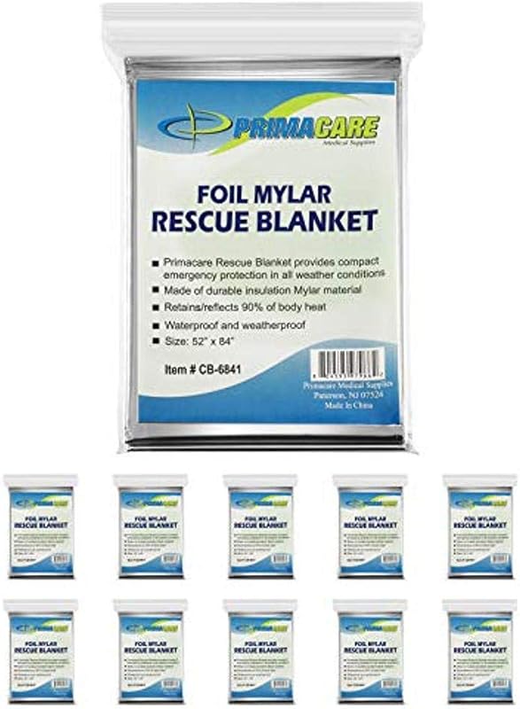 Primacare HB-10 Mantas térmicas de emergencia Mylar – Paquete de 10, 84" x 52", plateadas – Reflectantes, impermeables, retienen el 90% del calor corporal – para supervivencia, primeros auxilios, exteriores, camping, EMS