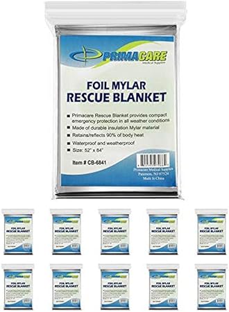 Primacare HB-10 Emergency Foil Mylar Thermal Blanket (Pack of 10), 52" Length x 84" Width, Silver