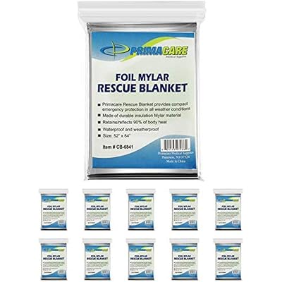 Primacare HB-10 Emergency Mylar Thermal Blankets – 10 Pack, 84" x 52", Silver – Reflective, Waterproof, Retains 90% Body Heat – for Survival, First Aid, Outdoors, Camping, EMS
