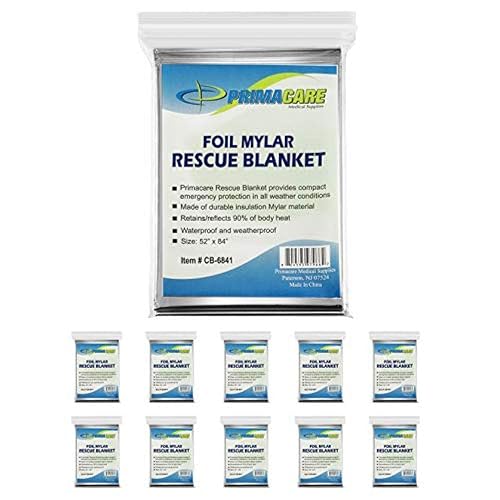 Primacare HB-10 Emergency Mylar Thermal Blankets – 10 Pack, 84" x 52", Silver – Reflective, Waterproof, Retains 90% Body Heat – for Survival, First Aid, Outdoors, Camping, EMS