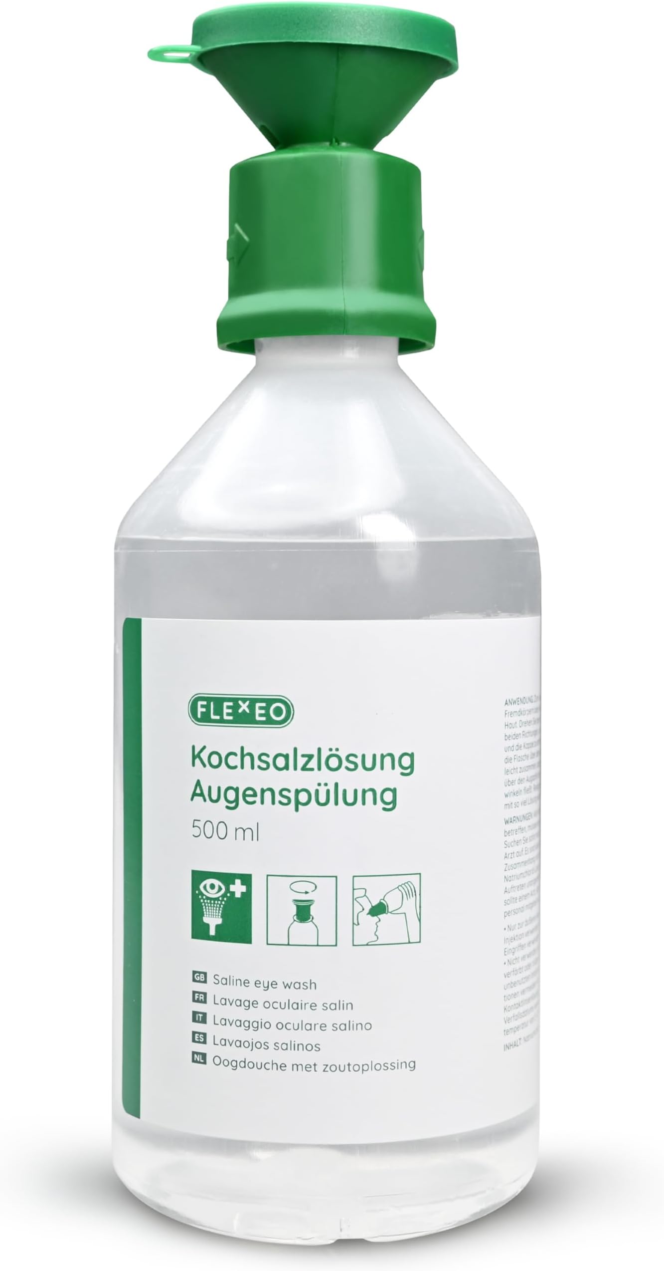 FLEXEO Eye Wash 500ml NaCl 0.9 Saline Solution - Eye Shower Bottle - Eye Wash - Sterile Eyewash Solution - Eye Wash with Saline - Eye Bath