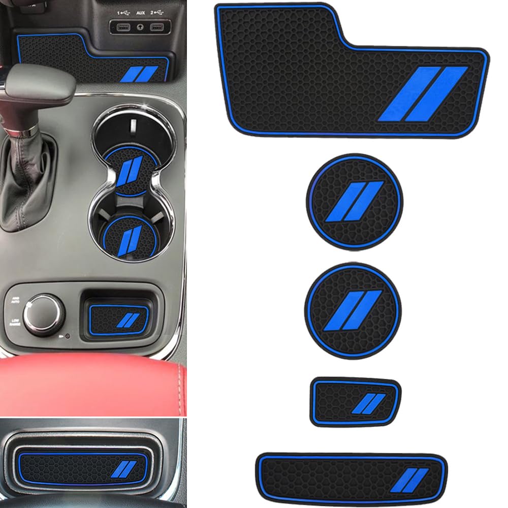 Auovo Center Console Mats for Durango Accessories 2014 2015 2016 2017 2018 2019 2020Auto Car Cup Holder Insert Coasters Custom Fit Silicone Cup Liners Pads Interior Trim (5pcs/Set, Blue)