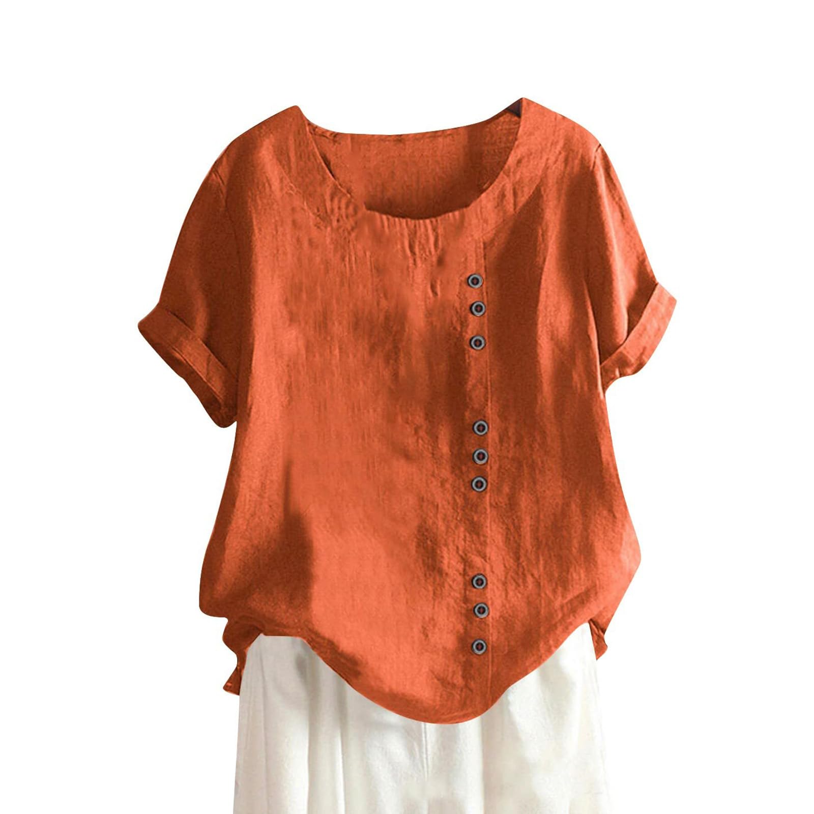 Womens Cotton Linen Shirt Summer Solid Color Blouse Fashion Casual Short Sleeve Crewneck Loose Oversizeed Tops