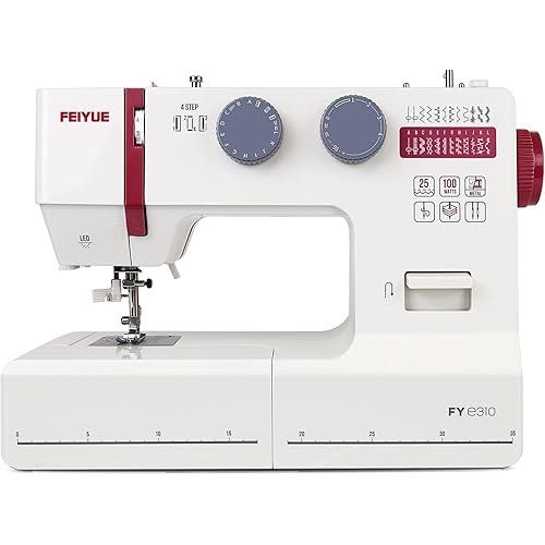 FEIYUE FYe310 Full Size Sewing Machine with Foot Pedal, Powerful Servo Motor, 25 Built-in Stitches, Heavy Duty & Portable, 6 Bobbins & 5 Included Sewing Feet (Red)