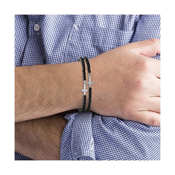 Steve Madden Cross Station Double Strand Simulated Black Onyx Beaded Adjustable Bracelet For Men (Black), One Size (SMBS606861OX-SBK)