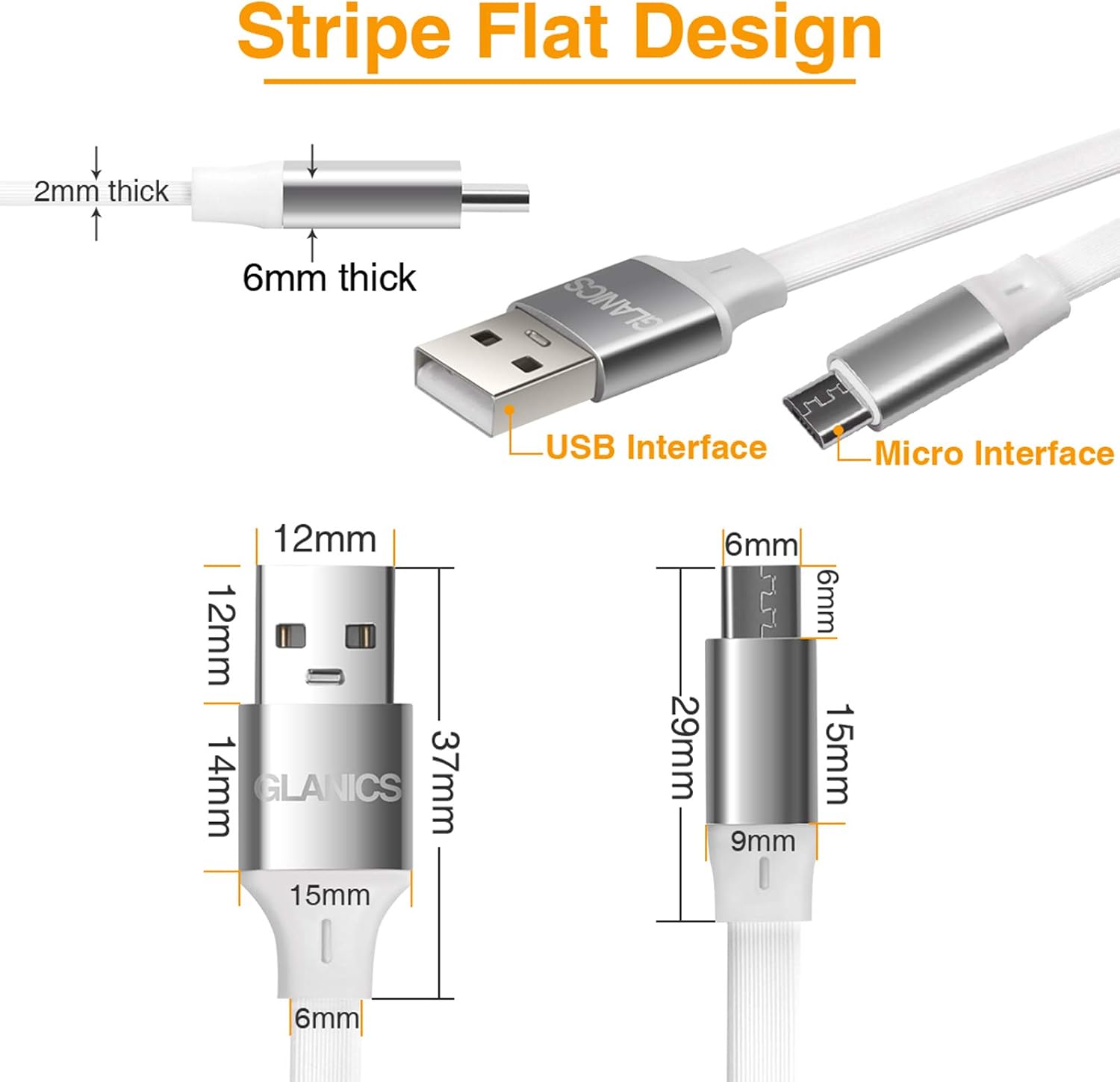 GLANICS Micro USB Cable 10ft, USB Micro and Charger Cable, Charging and Data Sync Cable for Wyze Cam, Cloud Cam, Android Phone, Mobile Powe and Other Devices(White)