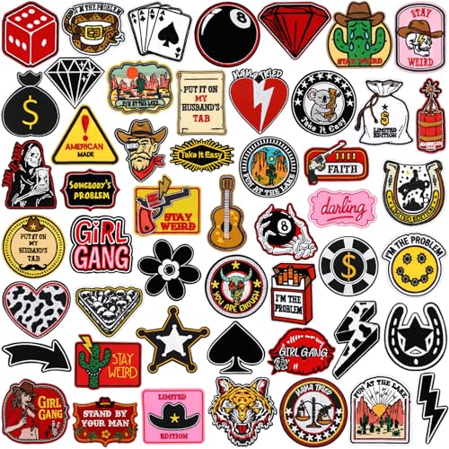 Wavwavw 50 Pcs Themed Iron on Patches Applique with Words Embroidered Sew on Cloth Colorful Multiple Styles Patches for Clothes Hats Backpacks Jackets Accessories Souvenirs Gifts(Western Countryside)