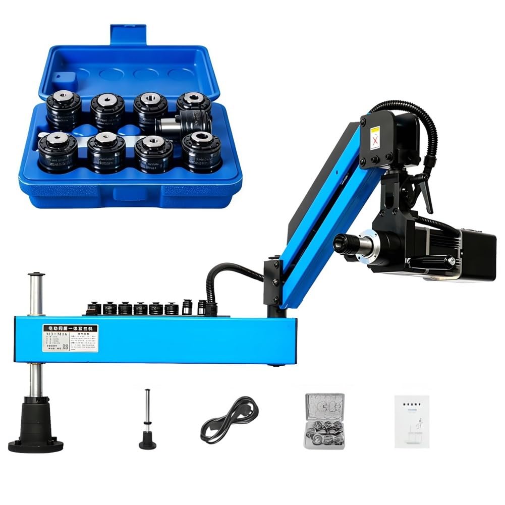 360° Multi-Direction Electric Tapping Arm Machine, 1000W Power with Touch Screen CNC Control, 0-312Rpm Variable Speed, M3-M16 Thread Sizes, 8PCS Collets, for Steel, Aluminum and Machinery