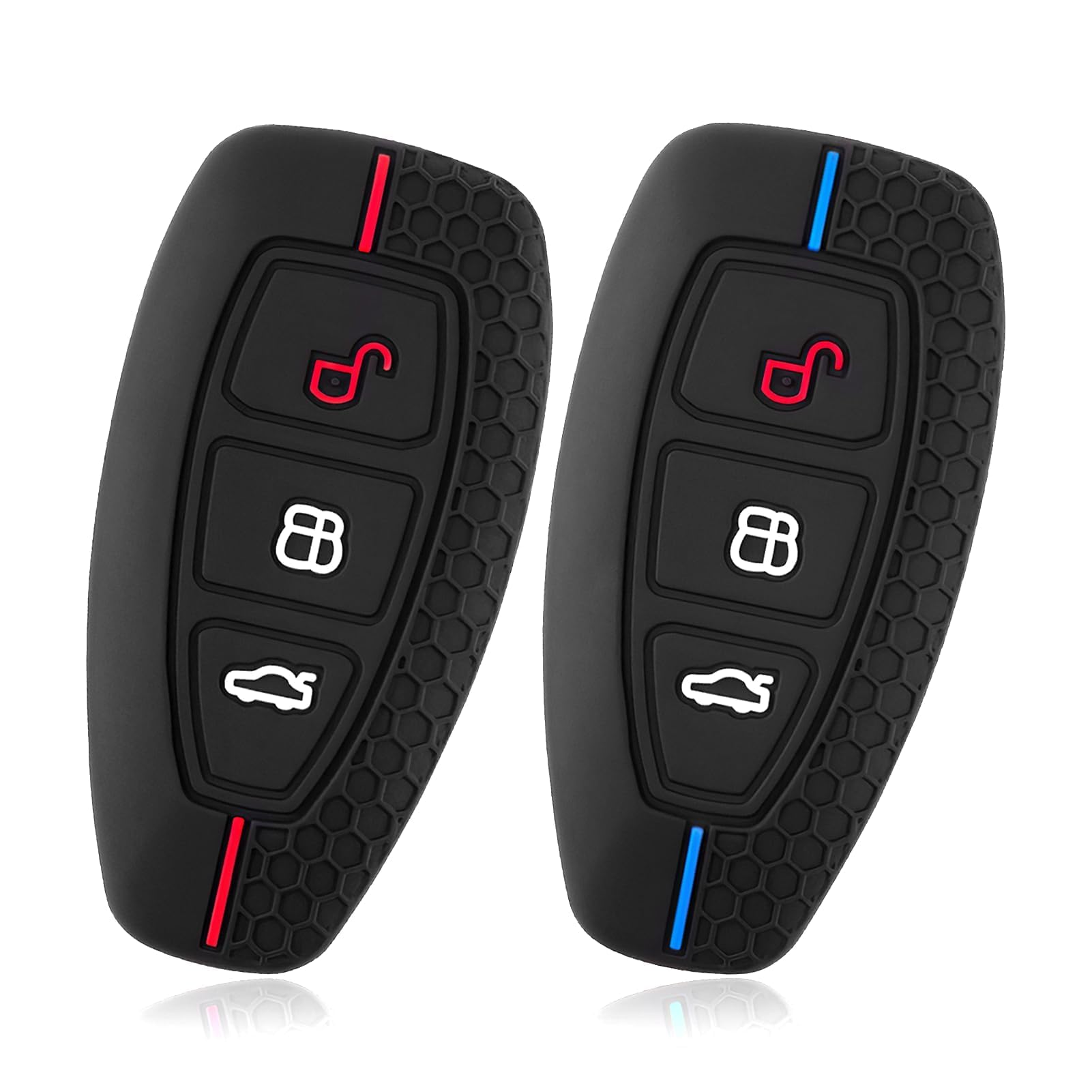 2 PCS Car Key Fob Cover Compatible with Ford Focus Fiesta Kuga Fusion Galaxy Mondeo S-Max B-Max C-Max Ecosport Remote Keys Soft Silicone Shell Protector Case Holder 3 Button (Blue and Red Line)