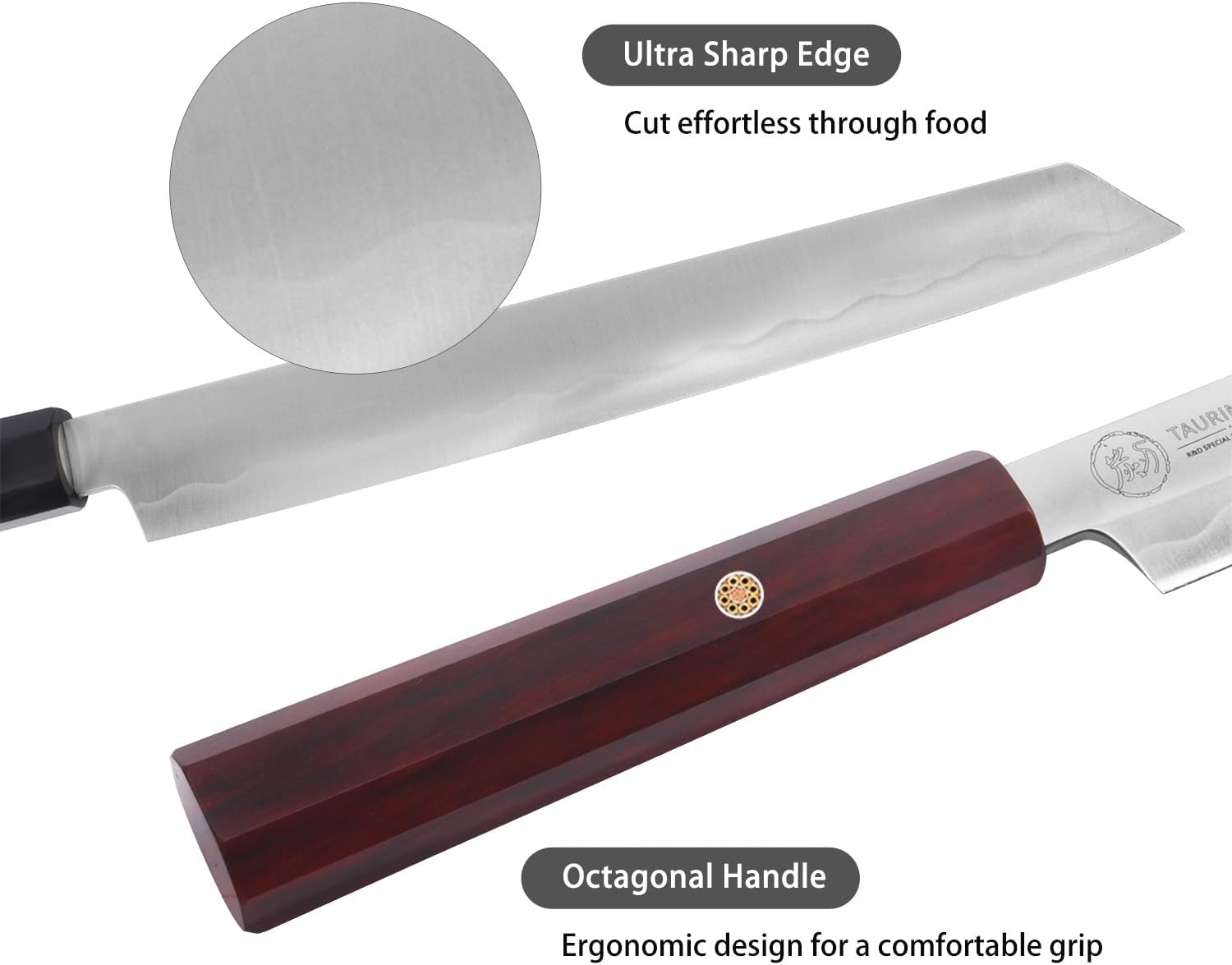 Japanese Kiritsuke Yanagiba Knife - K-Tip Sashimi Slicer 9.4 Inch, Specialty Stainless Steels Kitchen Chef Knives with Ebony Octagonal Handle (9.4" Red Sandalwood Handle)
