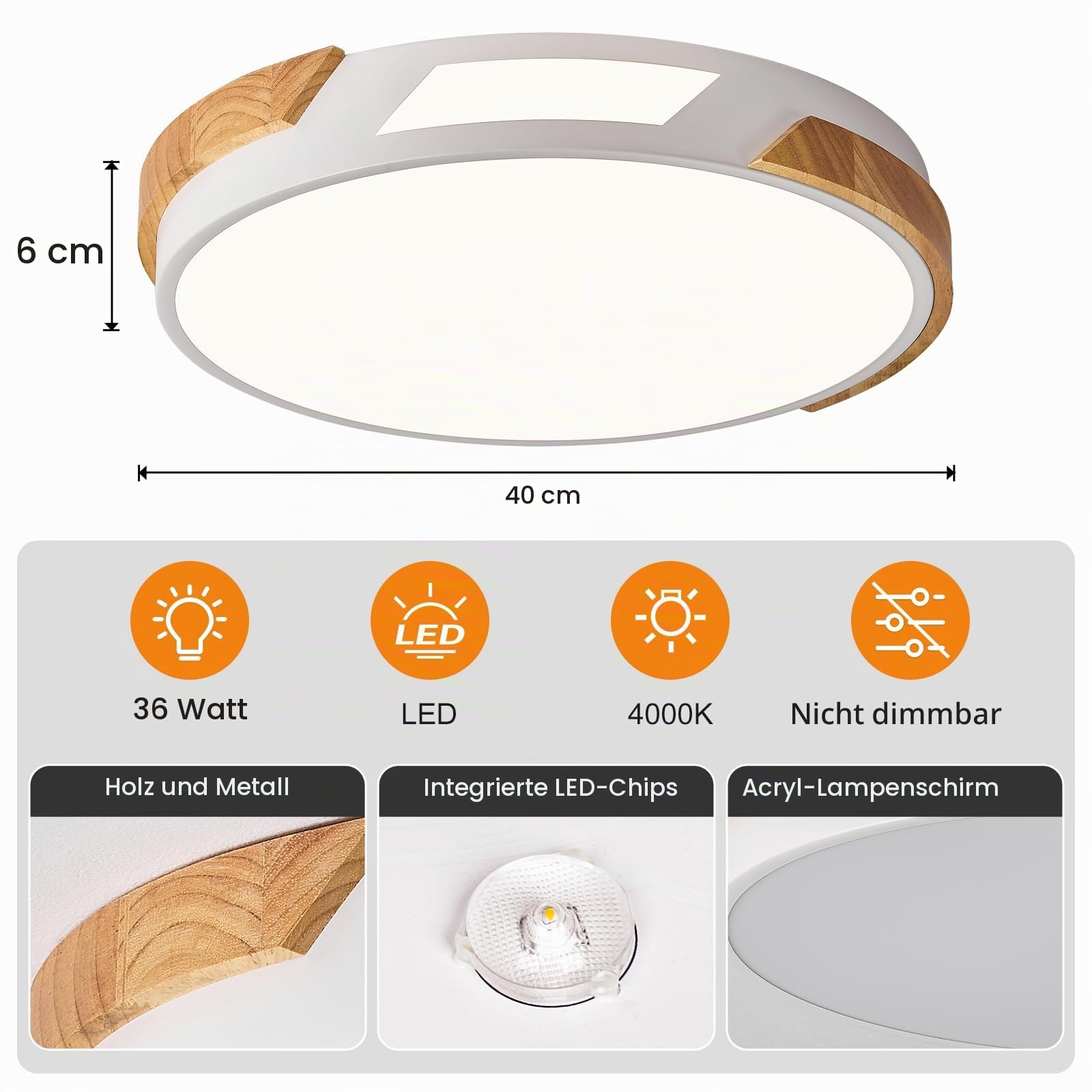 LED Deckenleuchte, Weiß Deckenlampe 40cm für Schlafzimmer | Moderne LED Deckenlampe Holz, Lampen für Wohnzimmer, Küche, Flur, Büro, Kinderzimmer, 36W 4000K Neutrallicht