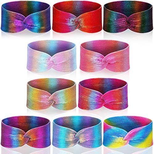 Juinte 10 Pieces Rainbow Wide Headbands Knot Mermaid Headbands Stretch Hippie Turban Fabric Head Bands Tie Dye Hair Band for Girls