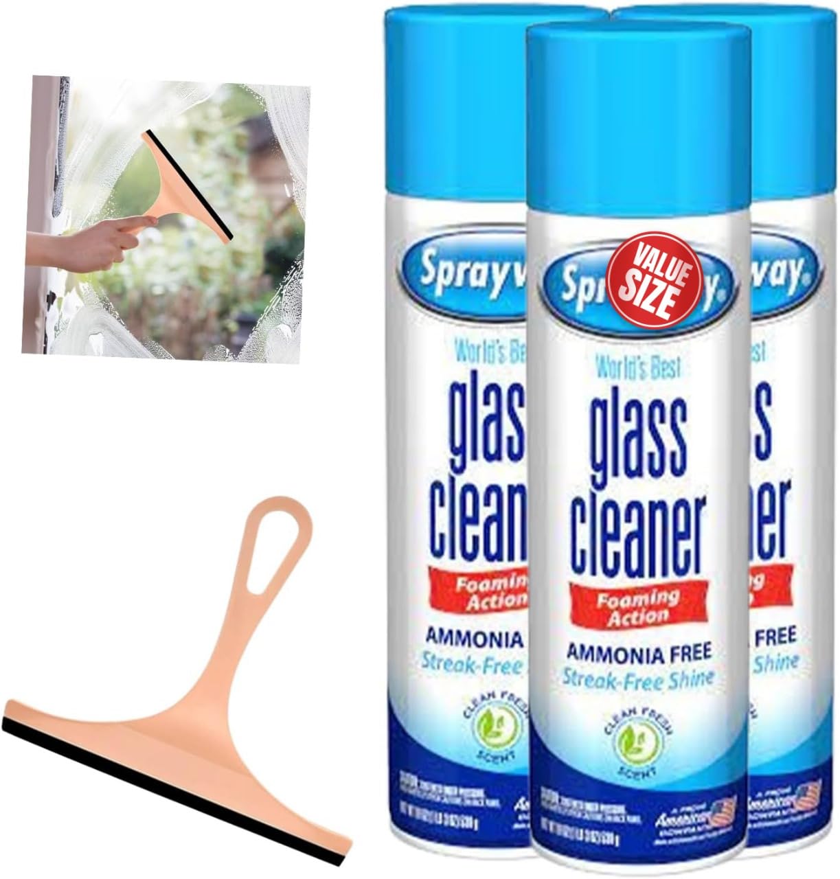 Glass Cleaner Spray, Window Cleaner, Foam Action, 19 Fl Oz, 3 Pack, Plus 1 Window Squeegee, The Powerful Streakless Cleaning!